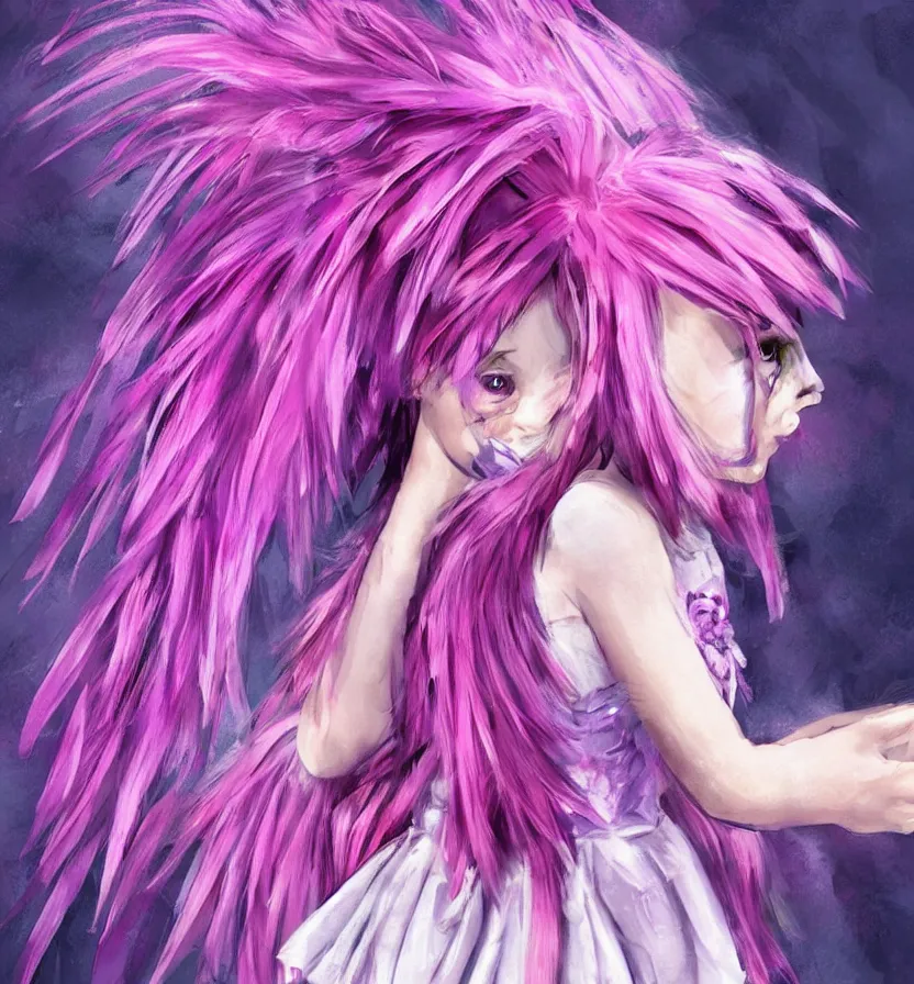 Image similar to little girl with eccentric pink hair wearing a dress made of purple feathers, anatomically perfect, concept art, cartoon art style