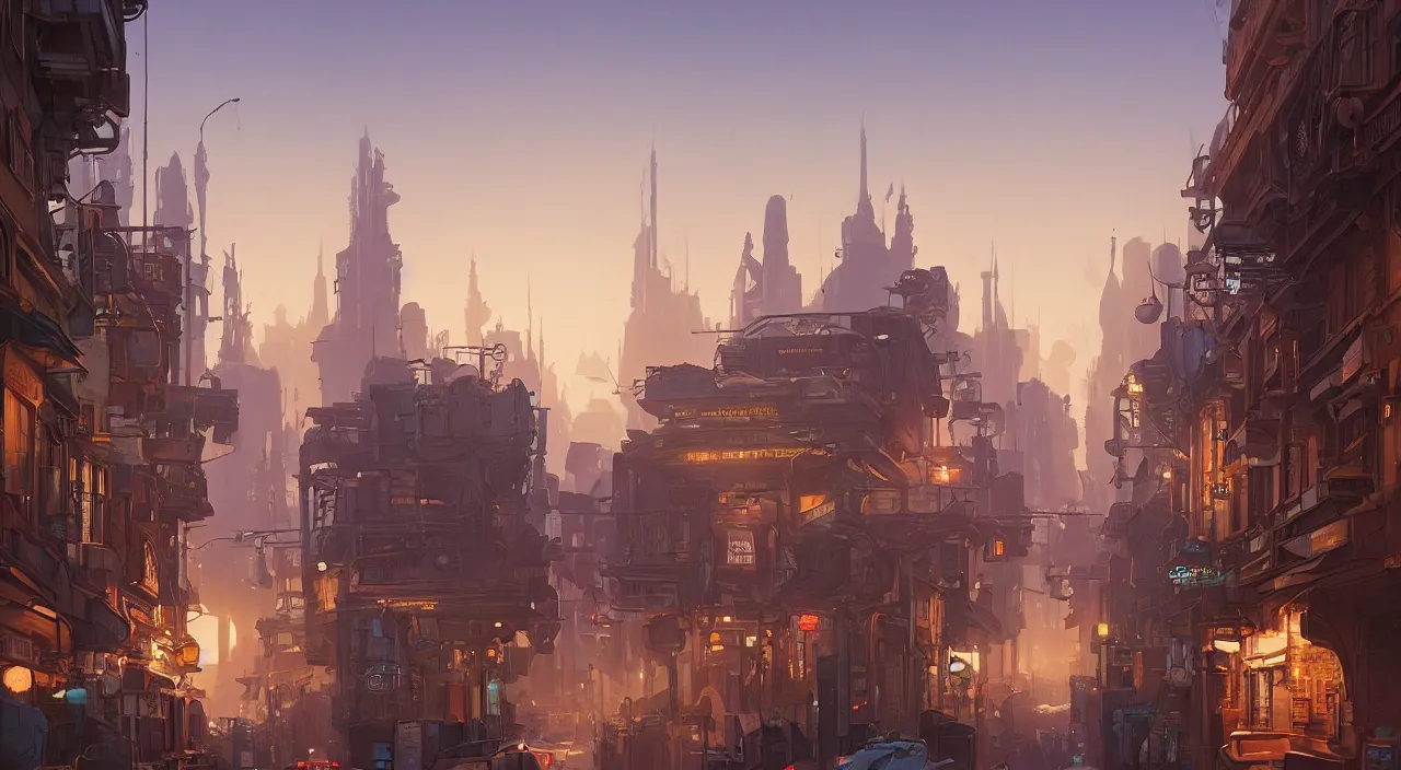 Image similar to a street level painting towards the horizon with high detail, sci - fi colorful victorian city at golden hour with sharp shadows by tyler edlin and sparth, wide angle lens, 4 k, vray, art nouveau influences. roger deakins, cinematic cinematography.