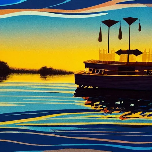 Image similar to artdeco river boat in the deep south, evening sun, intense lighting, hyper realistic, gouache