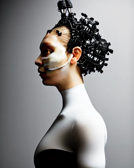 Image similar to portrait of a woman wearing a white embroidered translucent silicone mask and white frizzy hair buns, wearing a black bodysuit by alexander mcqueen, cream white background, soft diffused light, biotechnology, humanoide robot, bjork aesthetic, translucent, by rineke dijkstra, intricate details, highly detailed, masterpiece,