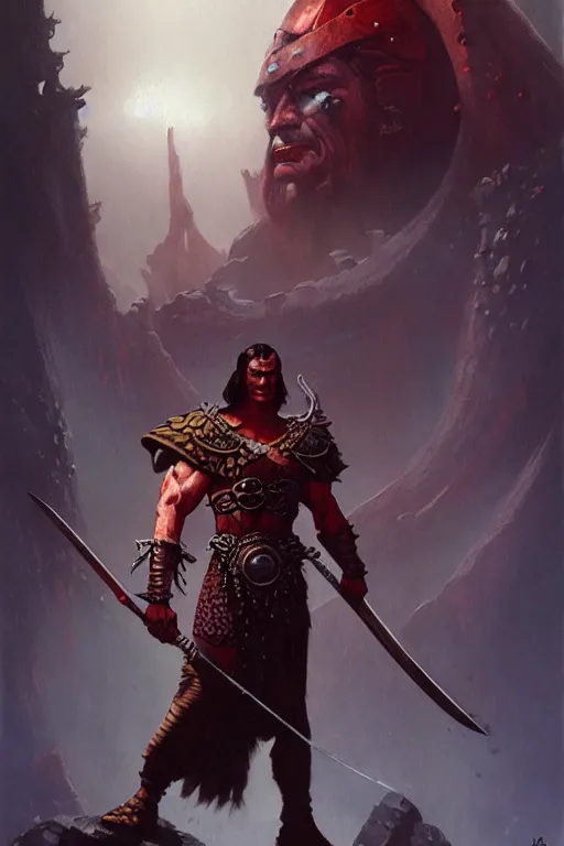 Image similar to conan the eliminator in the style of peter andrew jones and tom bagshaw, fantasy warrior, standing before ancient ruins