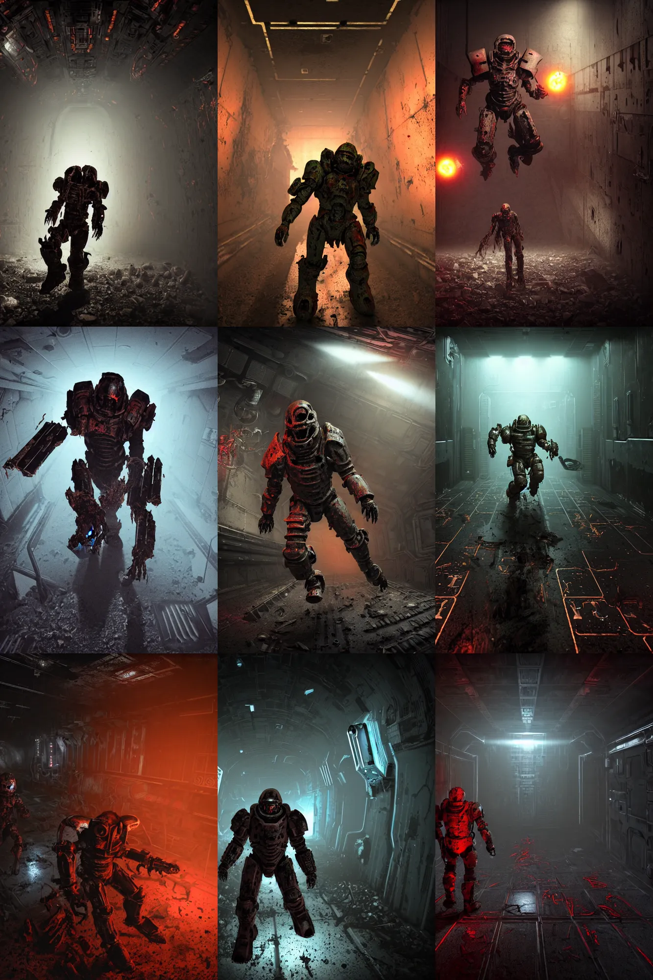 Prompt: horror movie scene of an individual in doomslayer armor running through a desolate deep space mining station, rusty metal walls, broken pipes, demonic symbols glow on the floor, full body character portrait, dark colors, muted colors, tense atmosphere, mist floats in the air, amazing value control, dead space, moody colors, dramatic lighting, ussg ishimura, frank frazetta