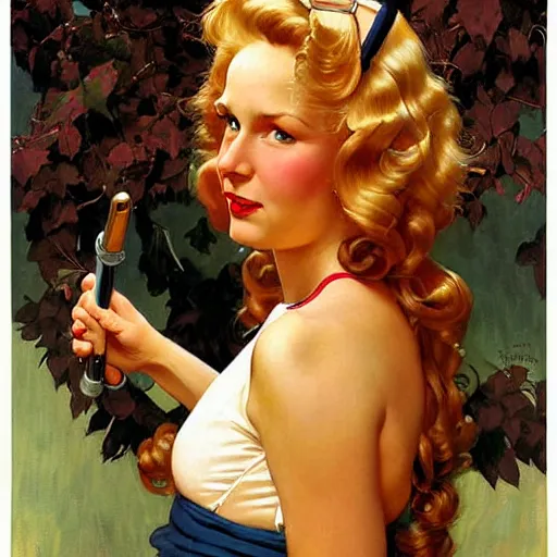 Image similar to beautiful painting of jerma985 with long curly blond hair, pinup poster by J.C Leyendecker and Norman Rockwell