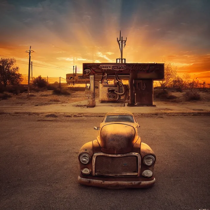 Image similar to a sunset light landscape with historical route 6 6, lots of sparkling details and sun ray ’ s, blinding backlight, smoke, volumetric lighting, colorful, octane, 3 5 mm, abandoned gas station, old rusty pickup - truck, beautiful epic colored reflections, very colorful heavenly, softlight