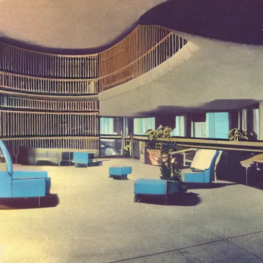 Image similar to 1 9 7 0 s groovy hotel, brutalist architecture