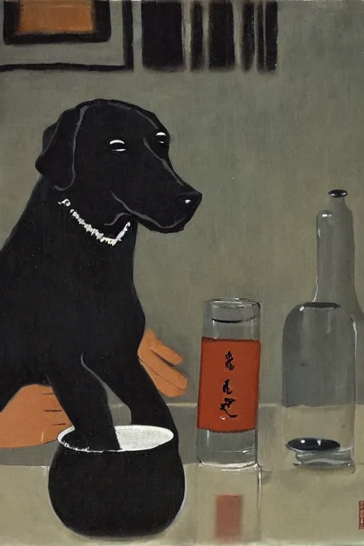 Image similar to a black dog drinking soju by leo lionni