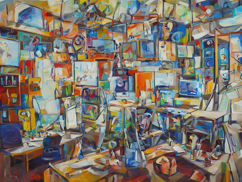 Image similar to painting gallery workplace, art style by bryen frost