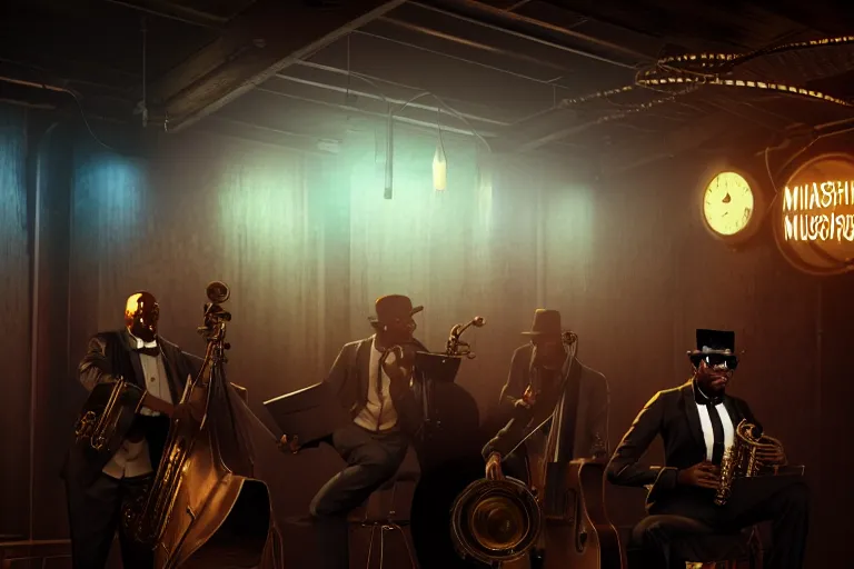 Image similar to a steampunk black man with long curly hair jazz musicians playing at a night club, focus on the musicians, cinematic lighting, exaggerated detailed, unreal engine, octane render, trending on artstation, art by greg rutkowski, 4 k