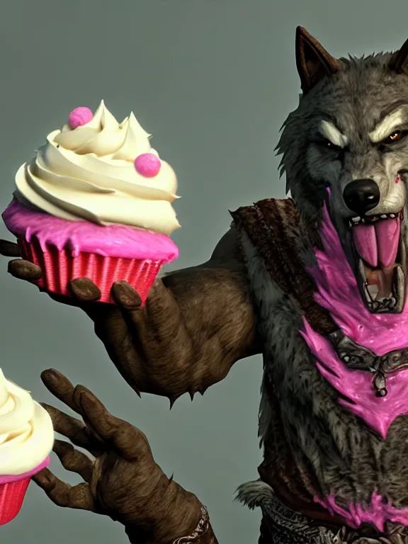 Image similar to cute handsome cuddly burly surly relaxed calm timid werewolf from van helsing holding a cute cupcake with pink frosting unreal engine hyperreallistic render 8k character concept art masterpiece screenshot from the video game the Elder Scrolls V: Skyrim