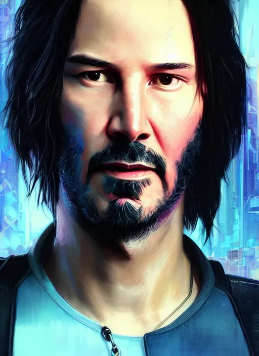 Prompt: portrait of Keanu Reeves as a character in Cyberpunk 2077, looking at camera, intricate, elegant, sci-fi, extremely detailed, digital painting, artstation, concept art, smooth, sharp focus, illustration, ambient lighting, incredible art by artgerm and greg rutkowski and alphonse mucha and simon stalenhag