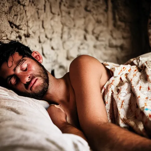 Prompt: Photograph of Surprised 25 year old man with Mediterranean features in ancient Canaanite clothing wakes up in bed, shocked looking at his sleeping wife. Interior ancient tent. 40mm lens, shallow depth of field, split lighting