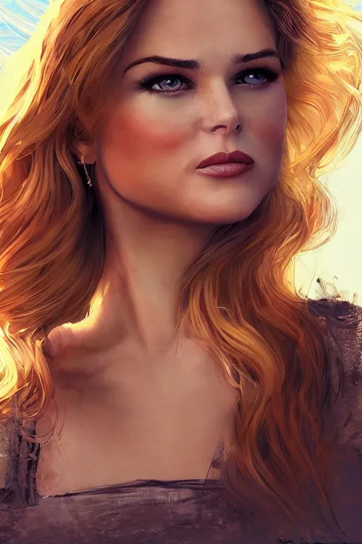 Image similar to mix of beautiful young maria shriver, mariel hemmingway, brooke shields, nicole kidman and elle macpherson as a mermaid, thin lips, hair tied up in a pony tail, darke blonde hair, colorful, artstation, cgsociety