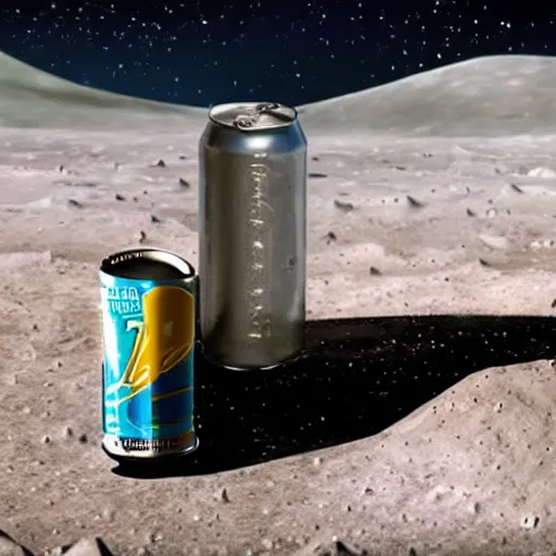 Image similar to a detailed, realistic, idle, regular sized stratocaster fender guitar next to a detailed, realistic, idle, regular sized beer can on the moon. detailed photo. realistic photo
