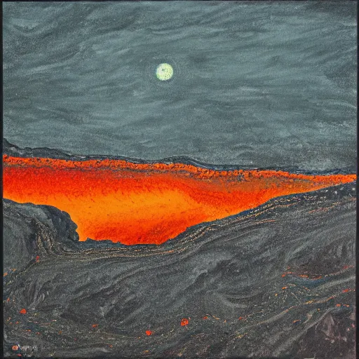 Prompt: a lava field at night, expressionism