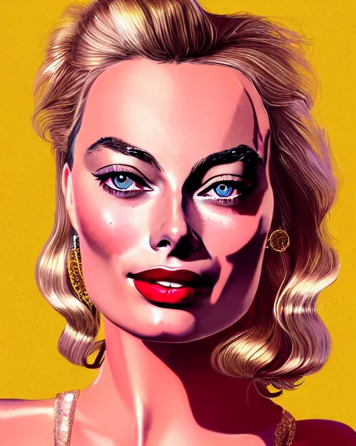 Prompt: closeup portrait beautiful seductive margot robbie with long windblown hair in a gold party dress in standing on a street in chinatown, pink lipstick, glamour pose, detailed illustration, digital art, trending on artstation, arney freytag, frank miller, moebius, graffiti, gta v,