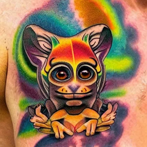 Image similar to shoulder tattoo of a multicolored hallucinogenic cute bush baby, eyes are colorful spirals, surrounded with colorful magic mushrooms and rainbowcolored marihuana leaves, insanely integrate