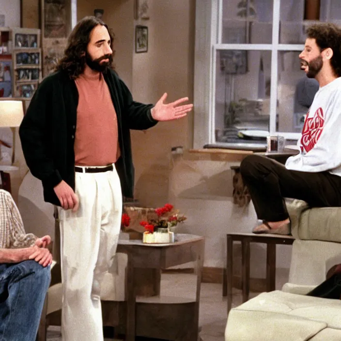 Prompt: Photo still of Jesus Christ in 1990s clothing talking with young Jerry Seinfeld, in the style of the TV show Seinfeld (1994)