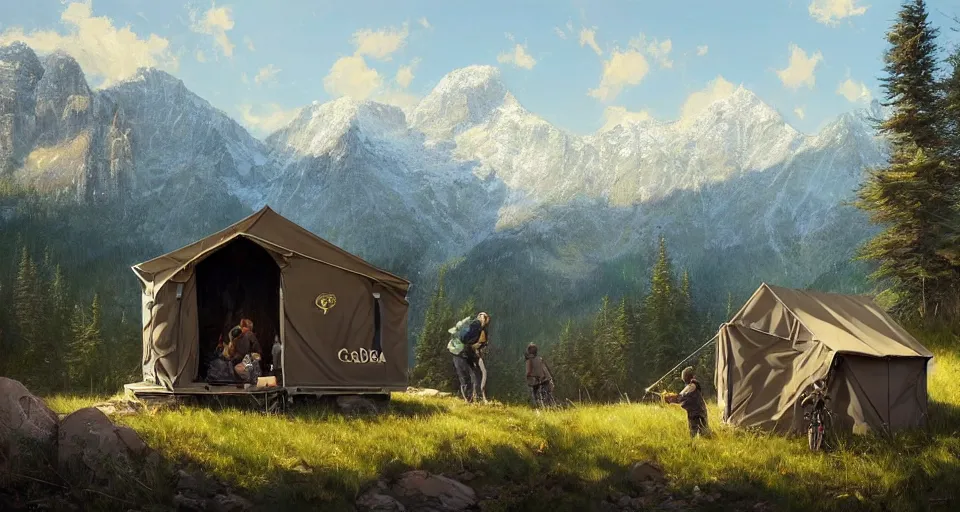 Image similar to cabela's beautiful comfortable carbon framed, modular insulated wall portable container home kit - house all weather family dwelling tent house, person in foreground, mountainous forested wilderness open fields, beautiful views, painterly concept art, environmental concept art, concept art illustration, by james gurney, by craig mullins, by greg rutkowski trending on artstation