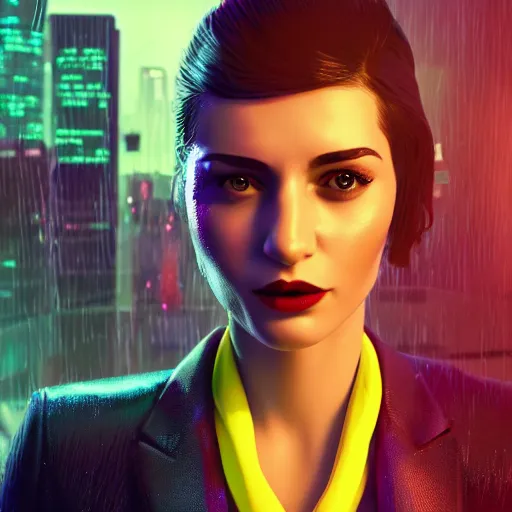 Image similar to epic cartoon women portrait made out of rain, pinstripe suit, short hair, cyberpunk background, rendered in octane, unreal engine, highly detailed, trending on artstation, realistic, splashes of neon, beautiful