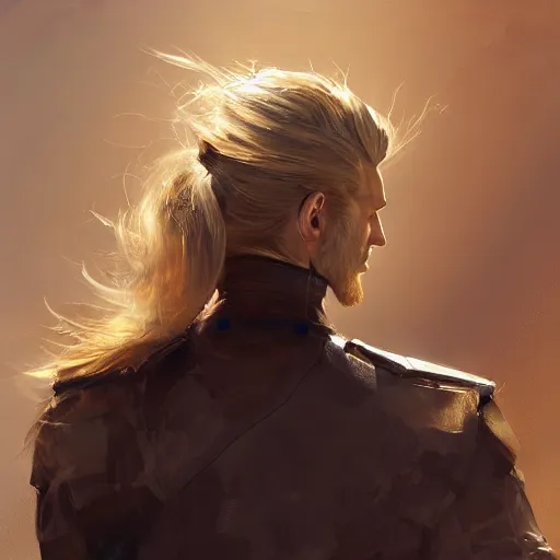 Prompt: rear side portrait of a big, ponytail haired blonde man with a mechanical left arm, wearing a brown leather coat, ponytail hair, DnD, fantasy, digital art by Ruan Jia