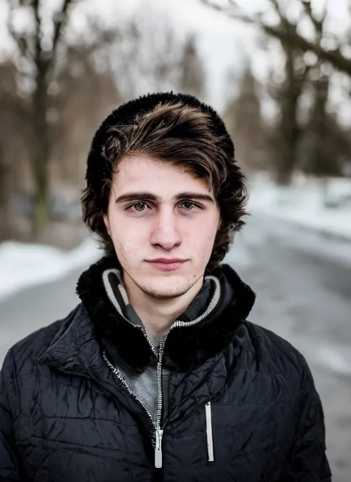 Prompt: a personal close up portrait of a 2 1 year old man from switzerland, winter, his hair is brown and short, his eyes are green, his face is symmetric and friendly, he's proud to be where he is in life, black jacket, ambient light, beautiful composition, magazine photography, full frame, 5 0 mm, f 1. 8