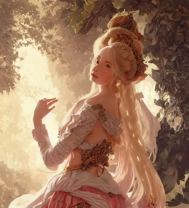 Image similar to portrait of a full body of young beautiful female princess, d & d, baroque dress, elegant, flat lighting, intricate, highly detailed, digital painting, artstation, concept art, smooth, sharp focus, illustration, misa amane, art by simon bisley and greg rutkowski and alphonse mucha, natural tpose