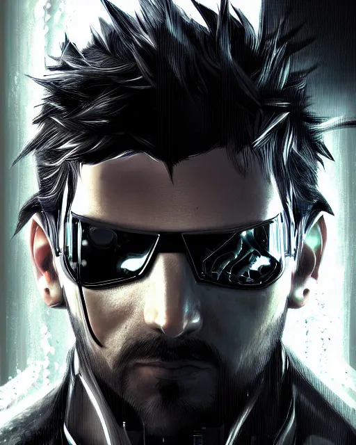 Image similar to portrait of adam jensen, cyberpunk, artstation trending, deviantart, highly detailed, focus, smooth, by hirohiko araki, yoshitaka amano