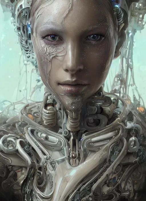 Prompt: a beautifull white cast futuristic biomechanical humanoid woman side portrait with pretty face in intricate detailed color smashing fluid oilpaint, melting wax, thin fractal tendrils, futuristic digital painting, cyberpunk, 8 k, hyper detailed, octane render, concept art, by peter mohrbacher, by wlop, by ruan jia,