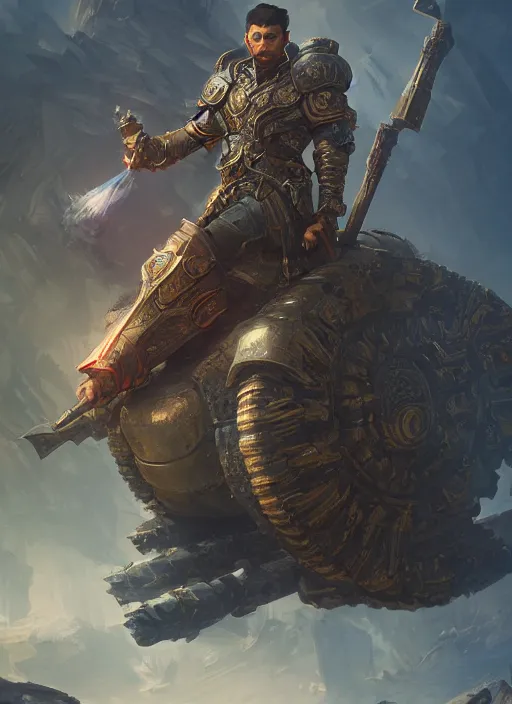 Image similar to portrait of man holding a scepter sitting on a tank, d & d, heartstone, digital painting, volumetric light, intricate, sharp, focus, bloom, illustration, highly detailed, concept art, matte, ruan jia, randy vargas, greg rutkowski