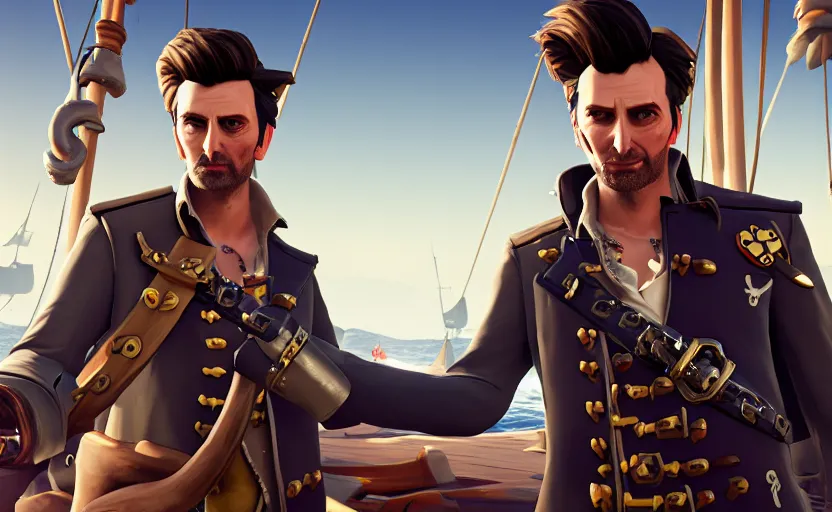 Image similar to david Tennant as a pirate on the ship in the Sea of thieves, long shot, epic composition, ultra detailed,, trending on Artstation, 8k, game screenshot, wallpaper, hyperrealistic