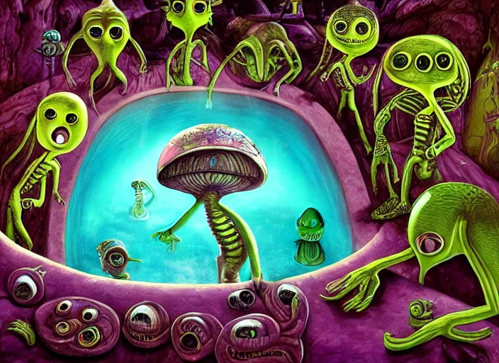 Image similar to 👽 aliens by a cave pool, lowbrow, amazing colorful background, digital art, concept art, in the style of mark ryden, 3 - d 4 k,