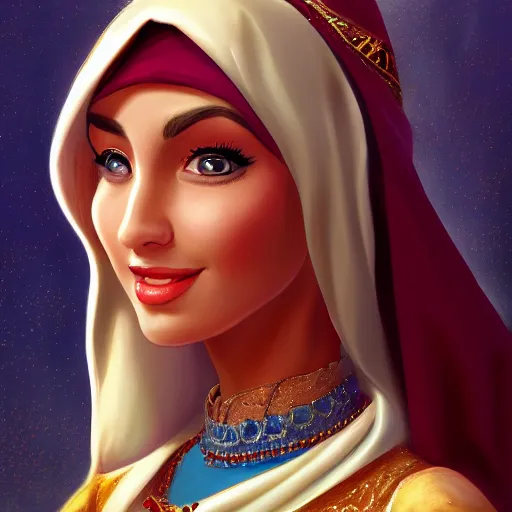 Image similar to a portrait of an arabian princess in a disney movie, oil painting, pale colors, high detail, 8 k, wide angle, trending on artstation,