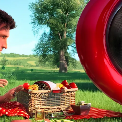 Prompt: a hyperrealistic octane render of max from flight of the navigator and hal 9 0 0 0 having a picnic, unreal engine, 8 k, ultrarealistic, photorealism