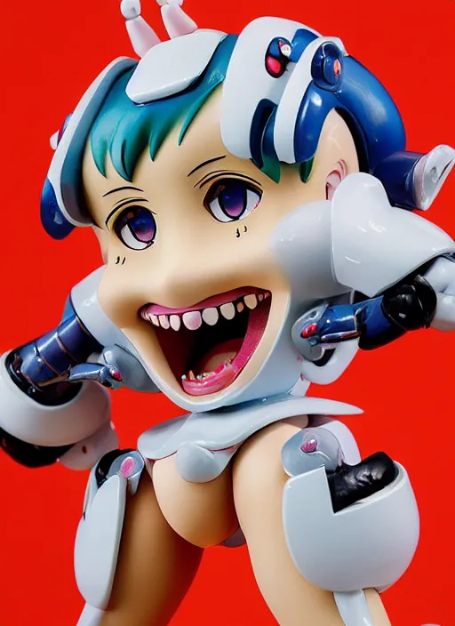 Prompt: a hyperrealistic caricature of a kawaii mecha musume anime girl figurine with a big dumb bucktooth grin featured on wallace and gromit by arthur szyk