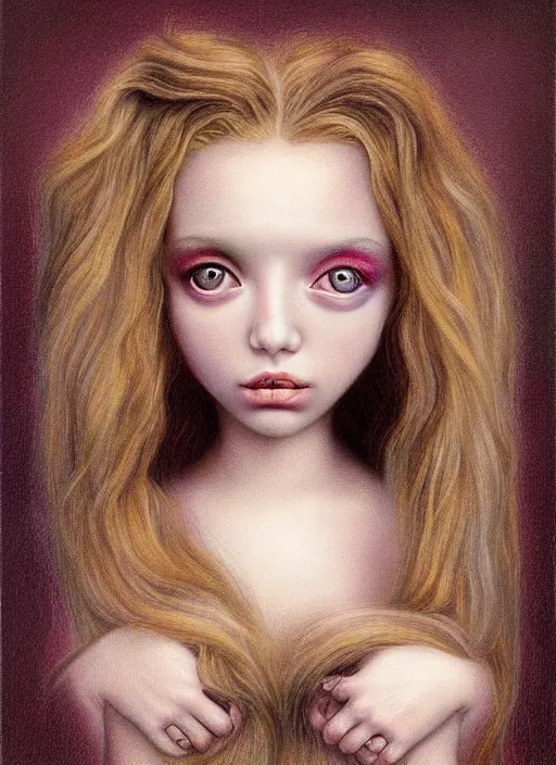 Image similar to pop surrealism, hyper realism, muted colors seductive female venus, cute girl, long hair, art by mark ryden, trevor brown