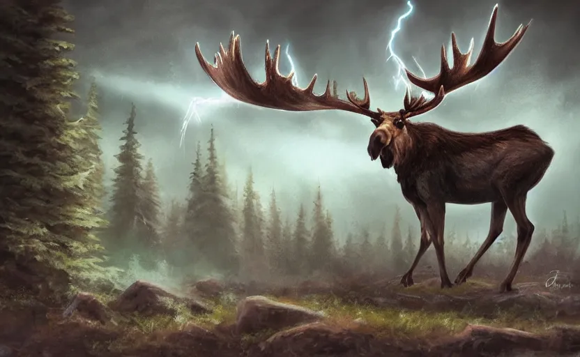 Prompt: moose with lightning horns, fantasy art, concept art