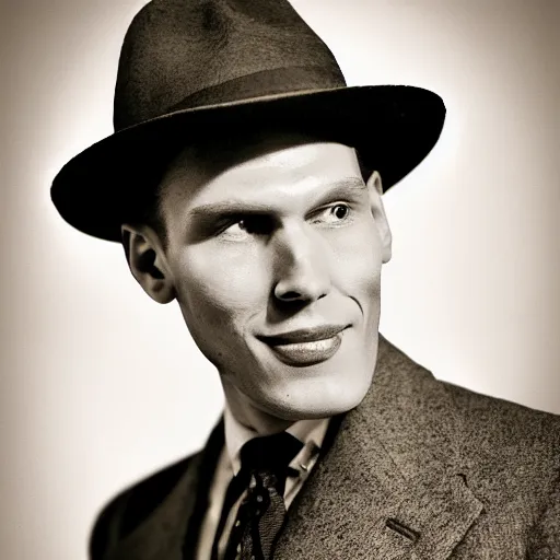 Image similar to A photograph portrait of Jerma985 wearing a suit with and fedora in the 1940s, taken in the early 1940s, grainy, taken on a 940s Kodak Camera, realistic, hyperrealistic, very realistic, highly detailed, very detailed, extremely detailed, detailed, digital art, trending on artstation