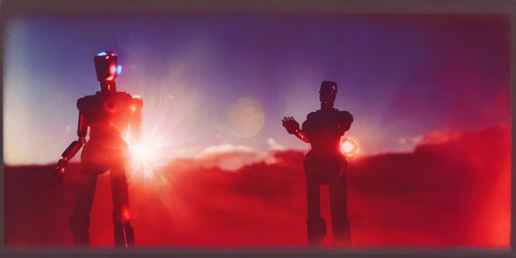 Prompt: analog polaroid photograph of a chrome woman robot, sheen, red reflections, unreal engine, azure sky, big clouds visible, sunlight, reflection, sparkles, lensflare, film grain, depth of field, color bleed