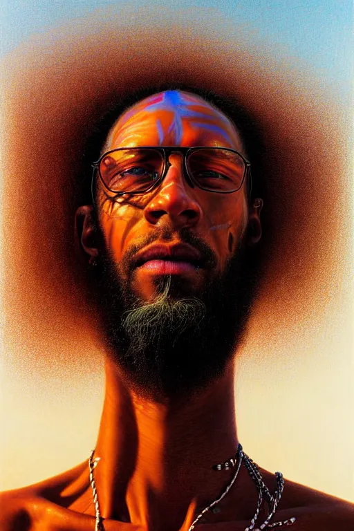 Image similar to hyperrealistic close - up portrait of psychedelic!!!!!!!!!! neuro - shaman dreadlocks hippy highly detailed concept art eric zener elson peter cinematic hard lighting high angle hd 8 k sharp shallow depth of field, inspired by denis villeneuve and zdzisław beksinski