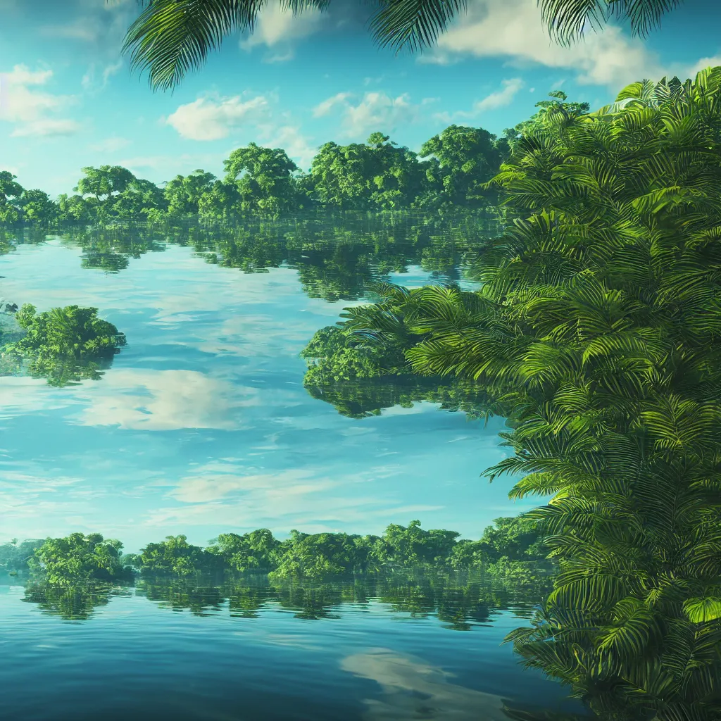 Image similar to island on a beautiful serene lake, ripples, tropical foliage intricate details, reflections, ripples, album cover, glowing sky, hyperdetailed illustration, octane render, low light