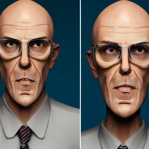 Image similar to A middle-aged Dr. Venture in real life with a hooked nose, a long gaunt face and skinny body and neck, very thin and bald, realistic, very realistic, hyperrealistic, highly detailed, very detailed, extremely detailed, detailed, digital art, oil painting, trending on artstation, headshot and bodyshot, detailed face, very detailed face, extremely detailed face, HD Quality, 8k resolution, very very detailed face, real life