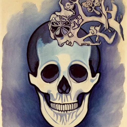 Image similar to A beautiful body art of a skull that is part organic, part mechanic. It is an accurate representation of how the artist sees the world. warm blue by Marjorie Miller unified, kaleidoscopic