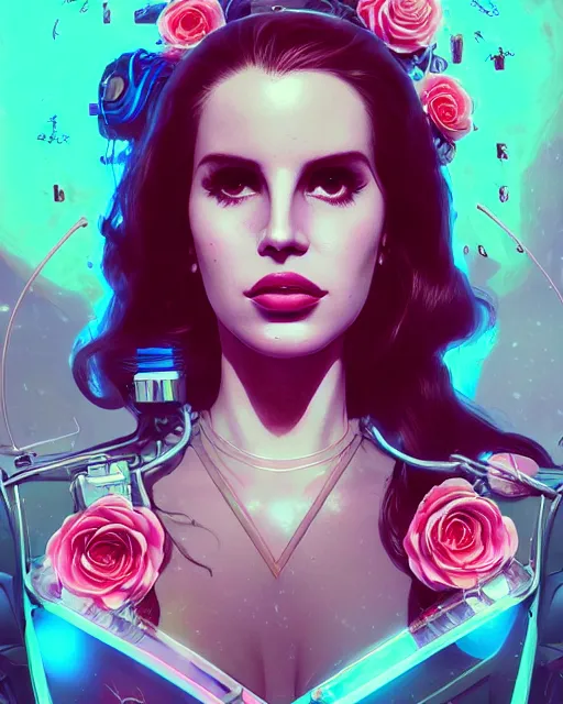 Image similar to portrait of lana del rey as a cyberpunk cyborg. roses sci - fi intricate abstract upper body intricate artwork, roses, rose petals, by tooth wu, wlop, beeple, dan mumford. concept art, octane render, deviantart, greg rutkowski, cinematic arthouse, key art, hyper realism, iridescent accents