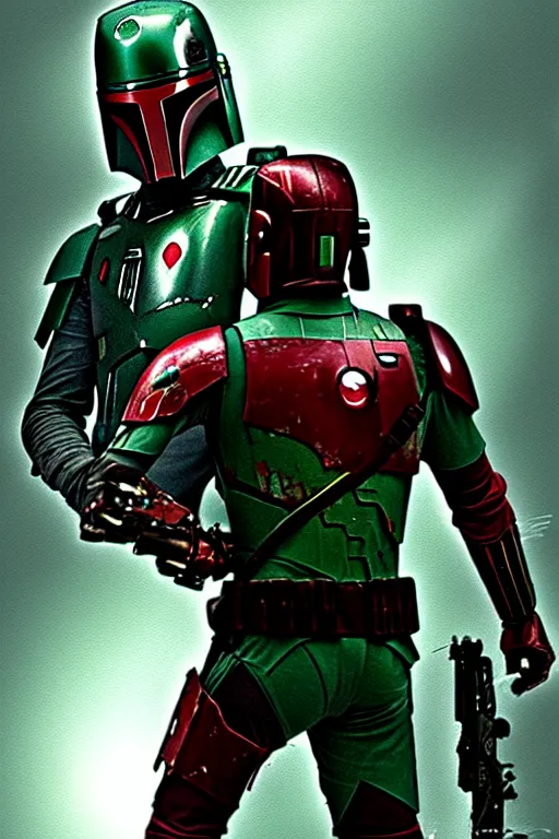 Image similar to boba fett x iron man, digital art, movie still from blade runner,