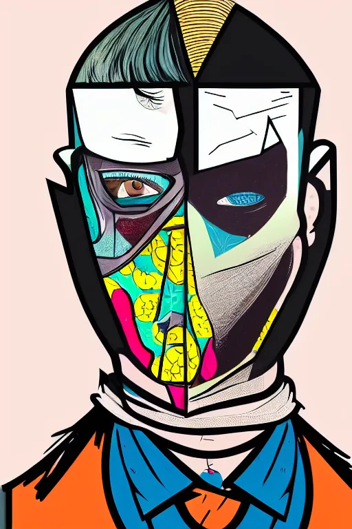Image similar to random masked guy with blouse, pop art, aesthetic art, 8 k, asymmetrical, high details, digital painting, concept art, smooth, sharp focus, illustration, intricate, art by arstation and mimmo rottela, pixels art by paul robertson