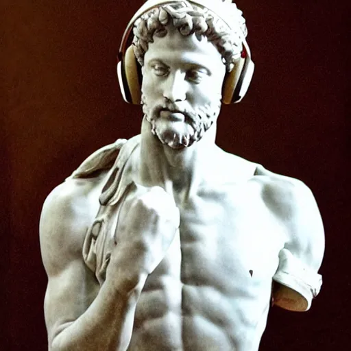 Image similar to A photo of Michelangelo’s sculpture of David wearing headphones DJing