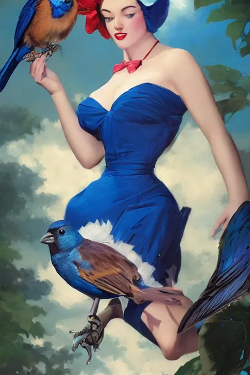 Prompt: hyper realistic painting, tasteful pinup girl holding an indigo bunting, bird, the bird is wearing a bowtie, by greg rutkowski, rossdraws, gil elvgren, enoch bolles, anime, porcelain skin, glistening, very coherent,