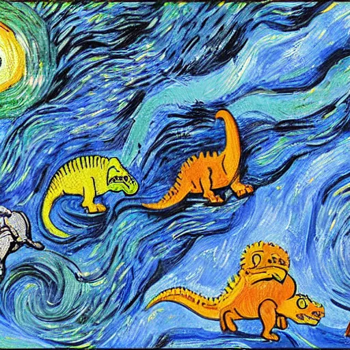 Image similar to painting of the extinction of the dinosaurs with asteroid and fire, in the style of vincent van gogh