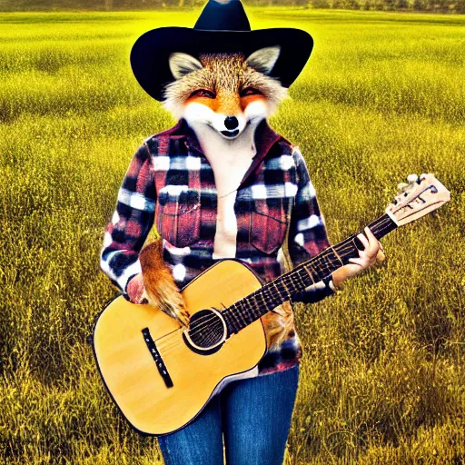 Image similar to a female fluffy anthropomorphic fox animal, head of fox, wearing cowboy hat, wearing plaid shirt, playing guitar, in a field, barn in background, album cover style