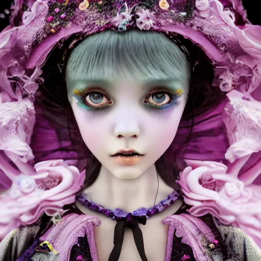 Image similar to Ethereal, mysterious stunning maximalist mesmerizing girl from the rainbow sky paradise, high-tech, professional high fashion model photo shoot for Victorian gothic lolita fashion, hyperdetailed by Mark Ryden and artgerm and Hiroyuki-Mitsume Takahashi, close-up 35mm macro shot, hyperrealism, 8k resolution 3D, cinematic, dynamic lighting, octane render, unreal engine 5